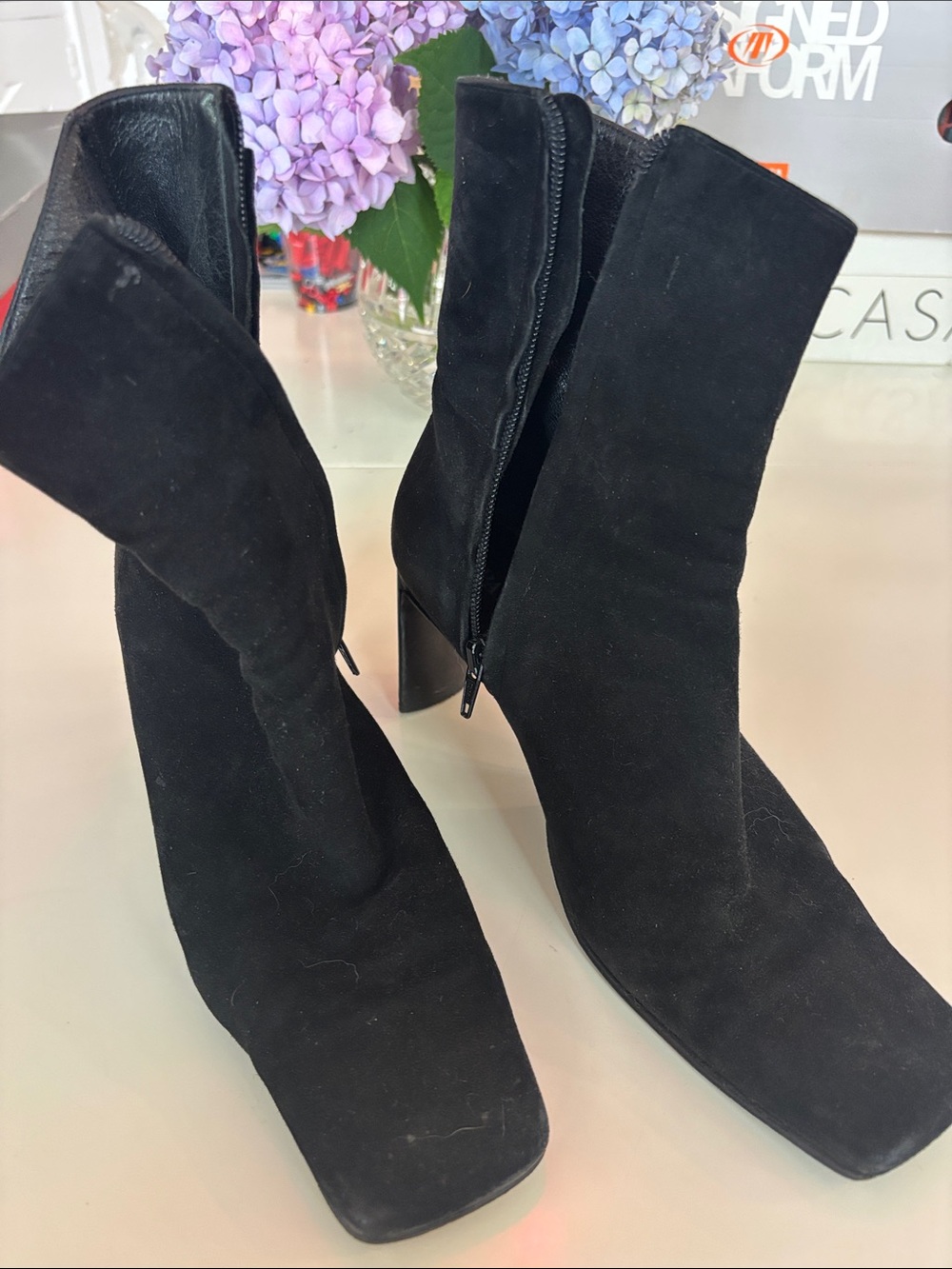 Black Suede Square-Toe Ankle Booties with Block Heel